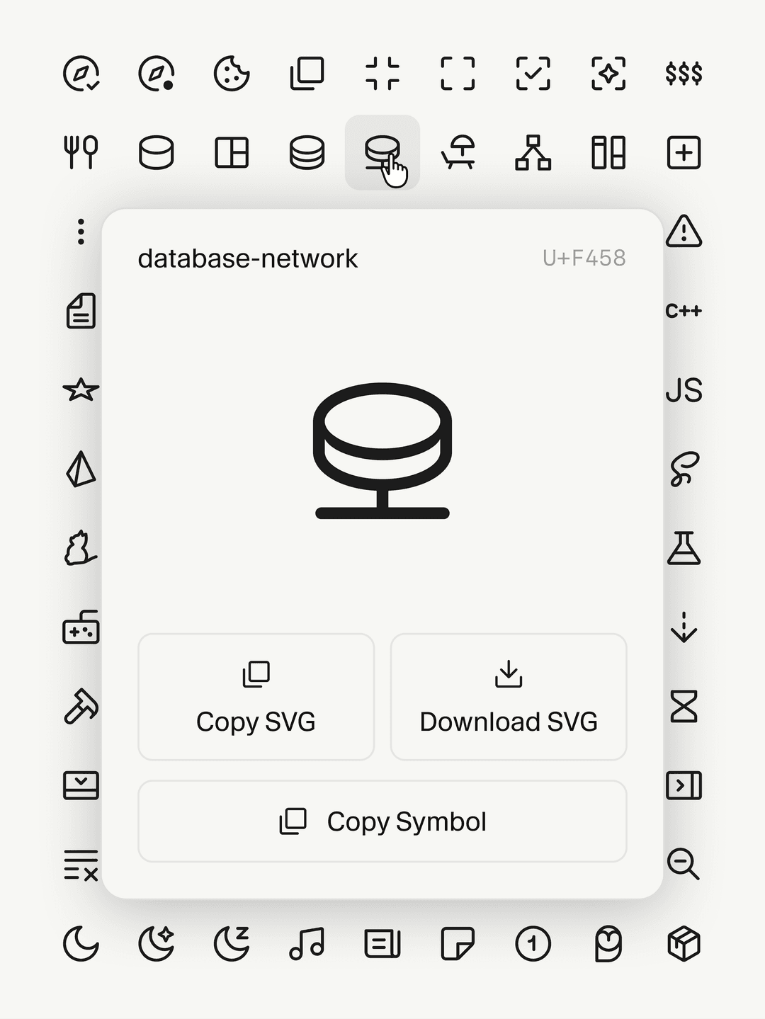 Hovering an icon in the grid shows a tooltip with quick actions